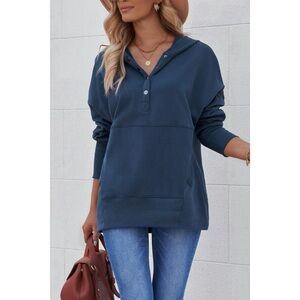 NEW Women's Blue Batwing Sleeve Pocketed Henley Hoodie
